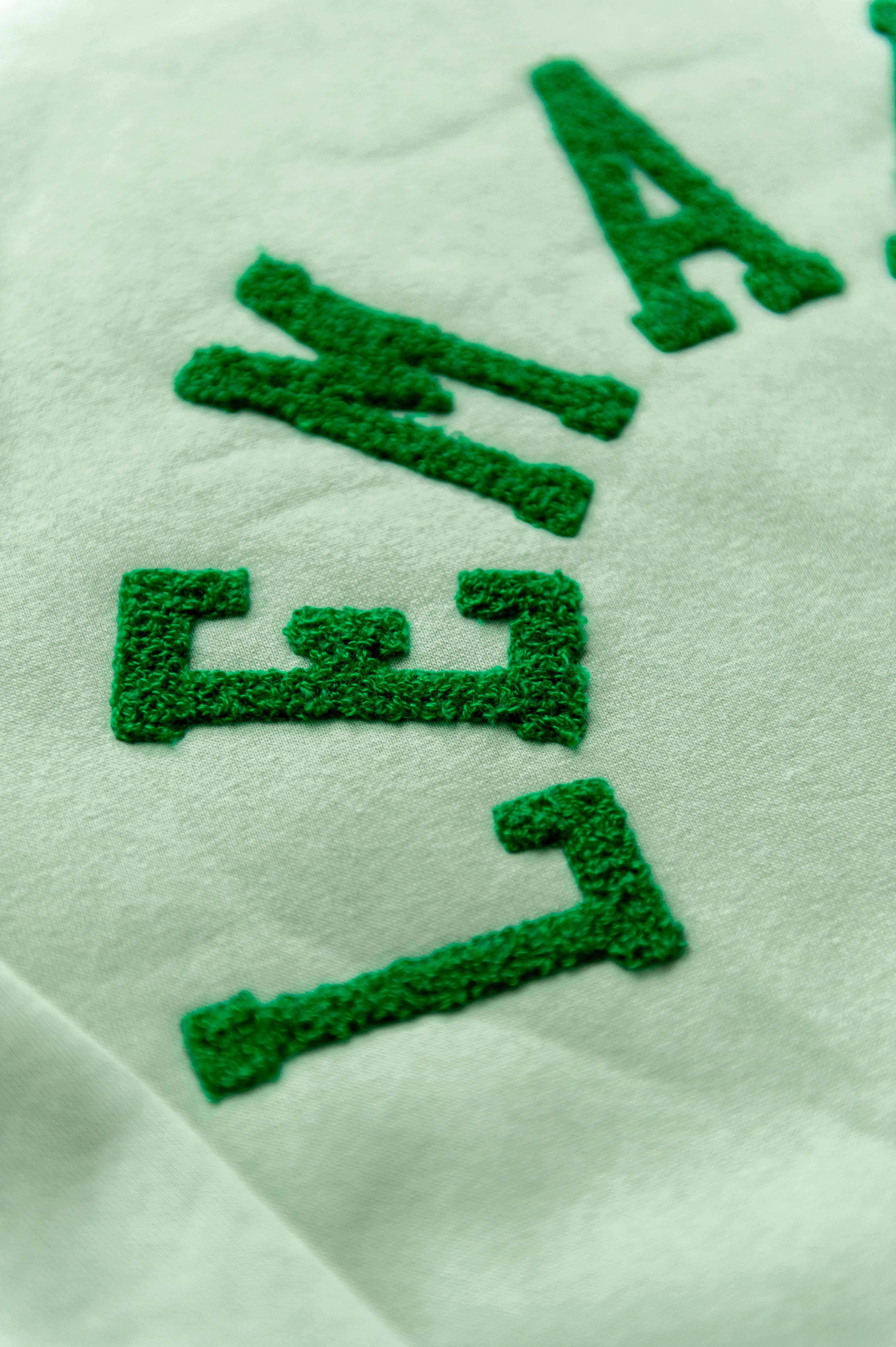 Lente: sweater lichtgroen met donkergroene letters
